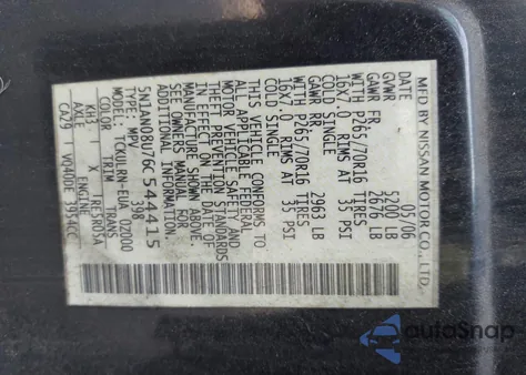 2006 Nissan Xterra S z USA, uszkodzony, nr VIN 5N1AN08U76C544415